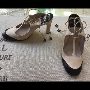 Chanel 2 tone T-strap heels w ankle wraps ties 38